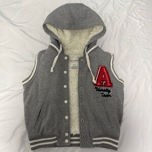 Gray Hooded Varsity Vest Jacket with Sherpa Lining